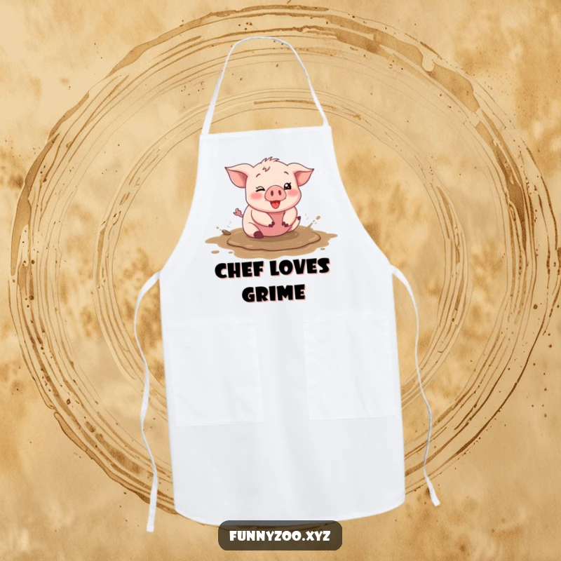 Funny piglet apron, character happily rolling in a mud puddle while cooking, silly kitchen accessory, great funny gift.