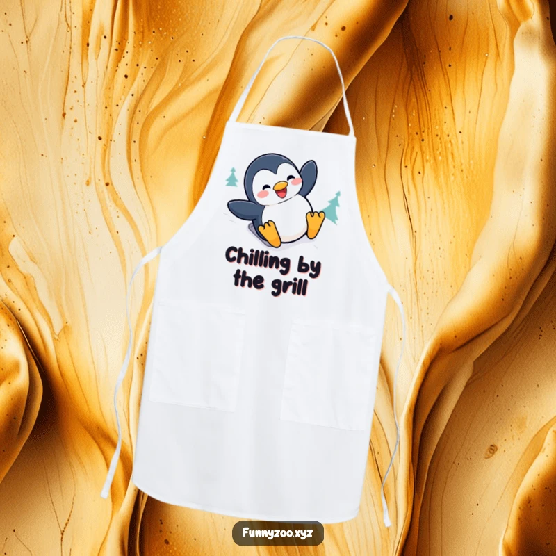 Funny penguin apron featuring a joyful character sliding down a snowy hill with a big grin, for humorous kitchen adventures.