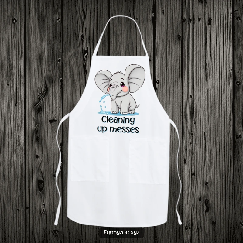 Funny apron decorated with a surprised elephant with massive ears, playfully spraying water, ideal for chefs.