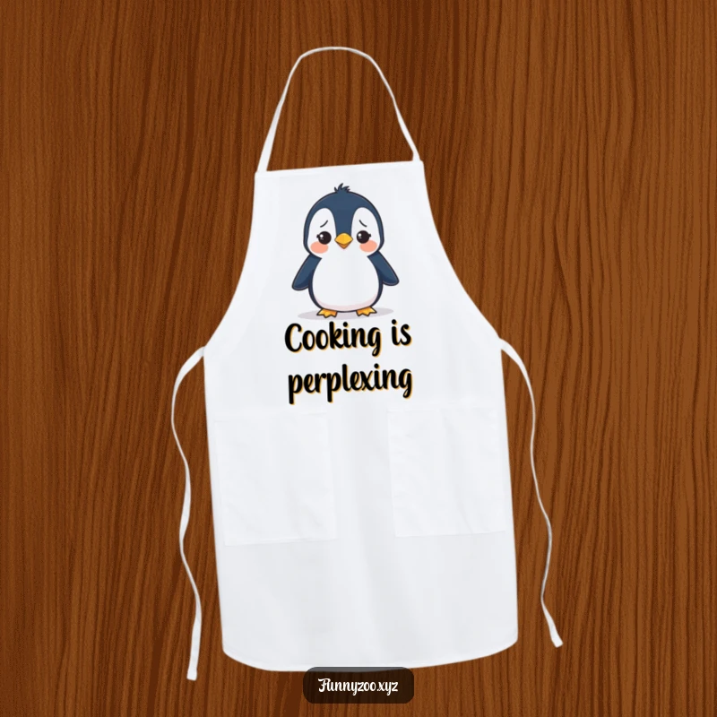 Funny apron showing a penguin waddling with a confused expression, perfect for adding humor to kitchen tasks.