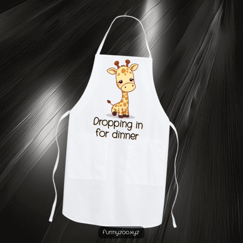 Funny giraffe apron, character lowering head to greet while cooking, playful kitchen accessory, great funny gift.