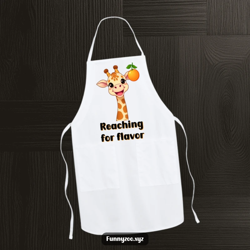 Funny apron featuring a cheerful giraffe with a wide grin, reaching for a dangling, colorful fruit, ideal for cooking.