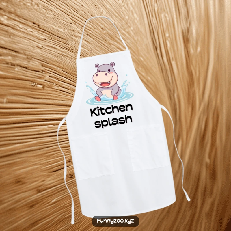 Funny Apron featuring a jolly hippo character enthusiastically splashing in water, a humorous and functional kitchen accessory for culinary fun.