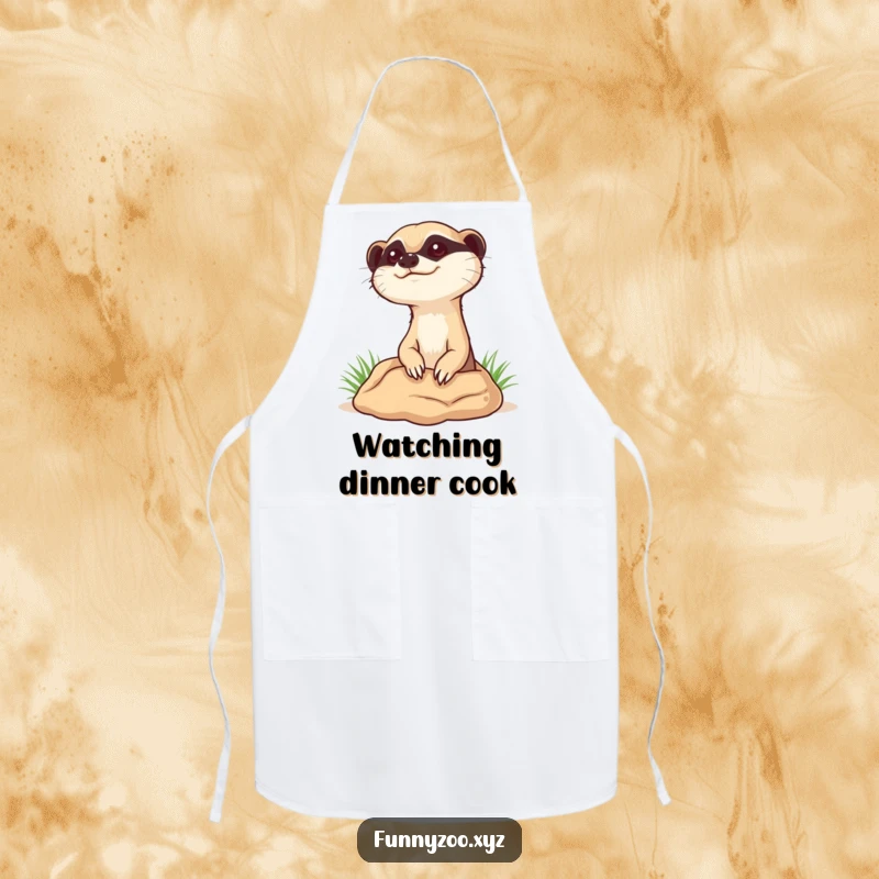 Funny curious meerkat apron, depicting a meerkat popping its head out of a burrow, ready to supervise kitchen activities.