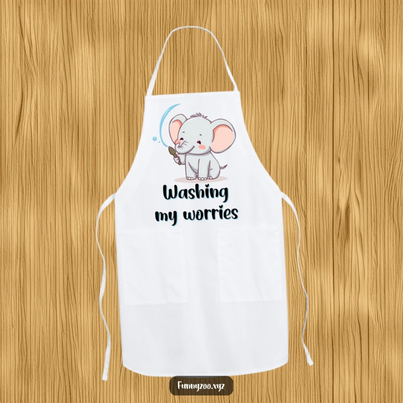 Funny elephant apron for cooking, featuring a cheerful character spraying water, making kitchen tasks fun and humorous.