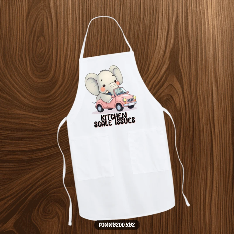 Funny apron showing a large elephant comically trying to get into a tiny car, ideal for kitchen humor.