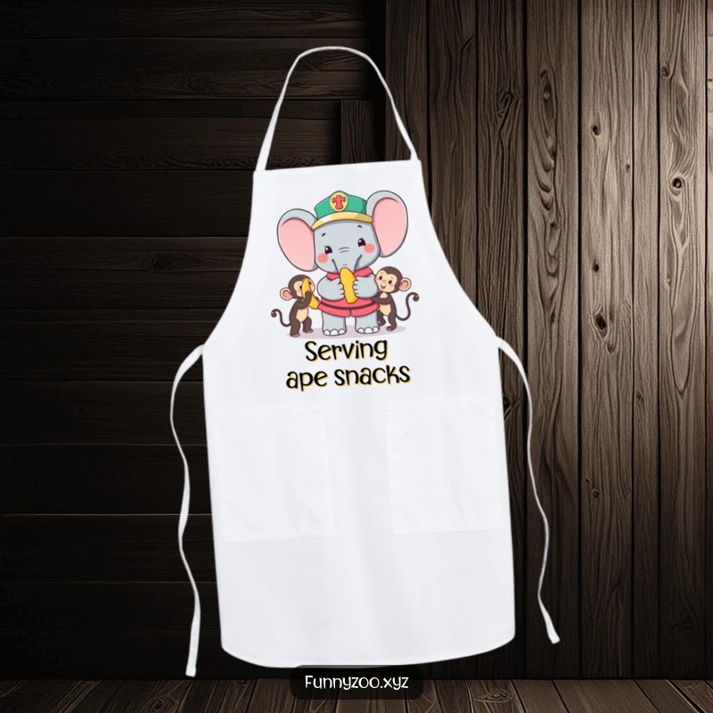 Funny Apron: Cheerful elephant zookeeper offering a banana to a monkey, a humorous and functional kitchen accessory.