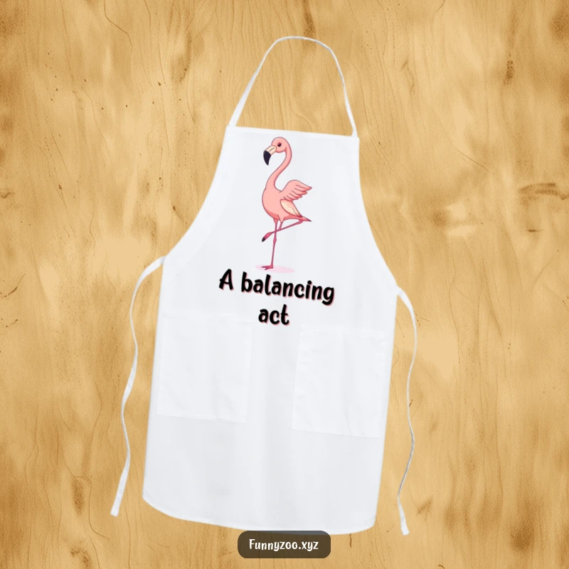 Funny apron design of a flamingo attempting a handstand, bringing humorous bird antics to the kitchen.