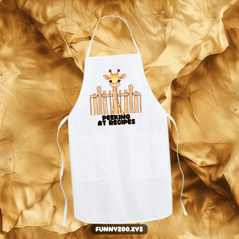 Funny apron with a cheerful giraffe peeking over a fence, adding whimsical charm to kitchen activities.