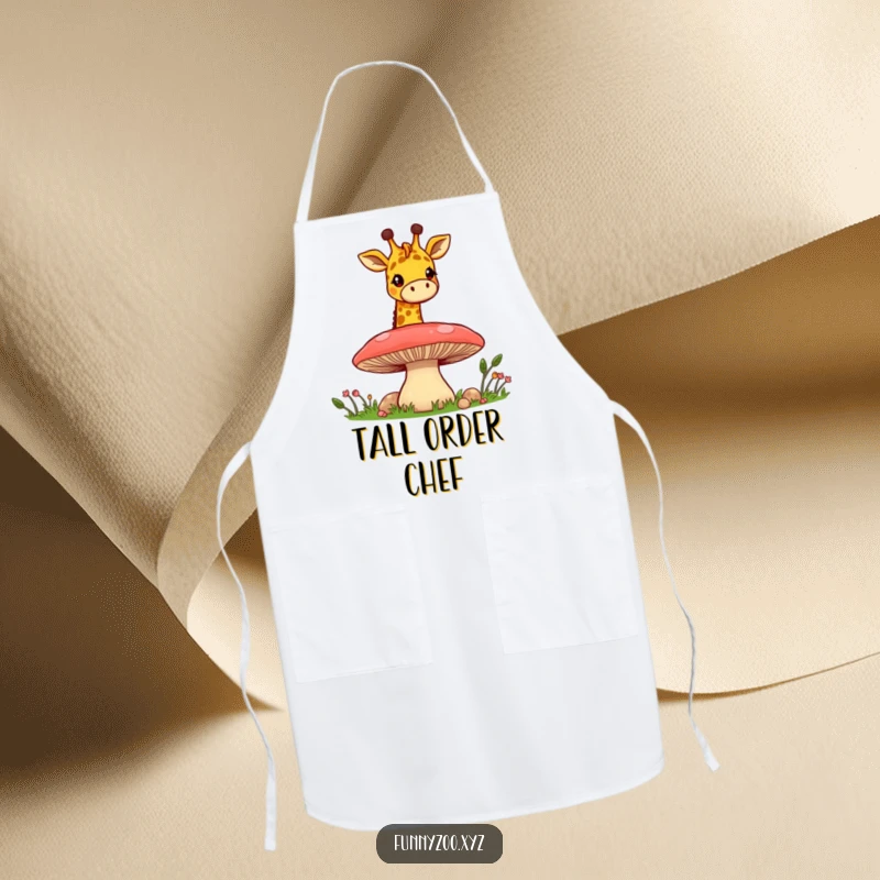 Funny Giraffe Mushroom Peek Apron: A kitchen apron featuring a cheerful giraffe peeking over a mushroom, adding whimsy to cooking tasks.