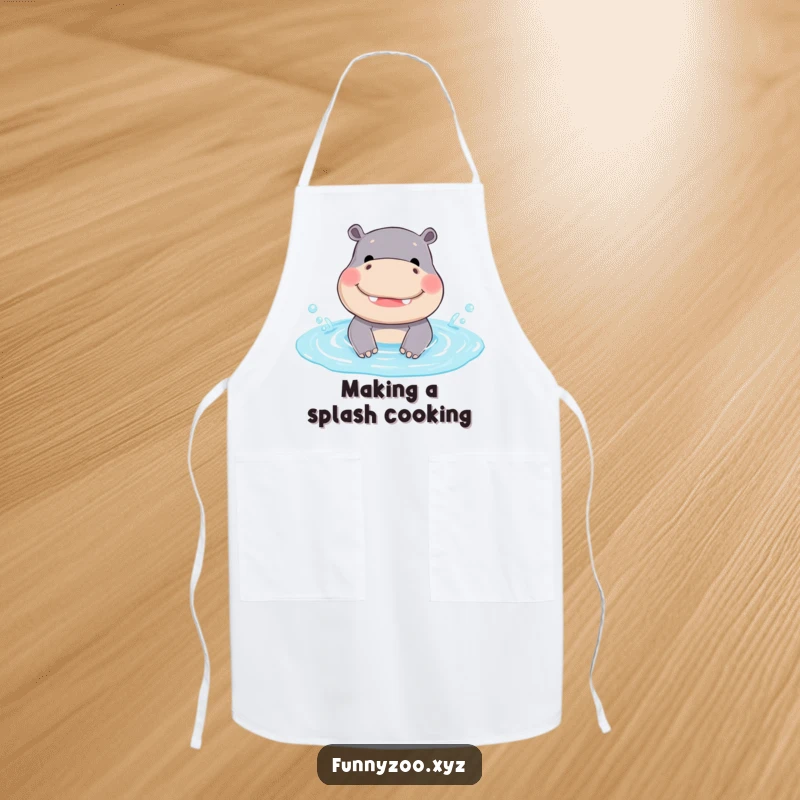 Funny Hippo Apron: A smiling hippo splashes in a tiny pool, ready to bring funny cheer and protection to your kitchen.