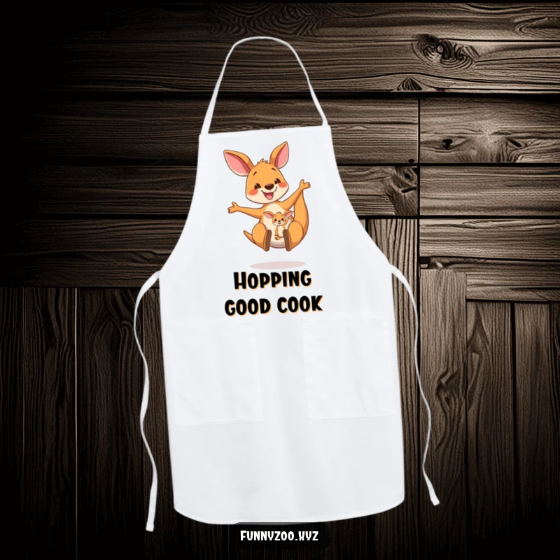 Funny Kangaroo Apron: A happy kangaroo mom bouncing with her joey in the pouch, designed for cheerful and protected kitchen activities.