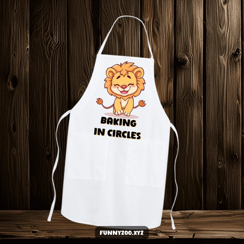 Funny Apron: Kitchen wear featuring a mischievous lion with a goofy grin, comically chasing its own tail while cooking.