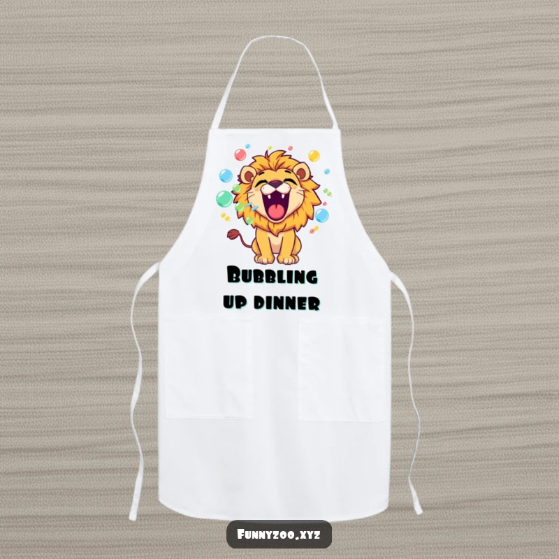 Funny lion apron featuring a playful character roaring and blowing colorful bubbles, for humorous kitchen adventures.