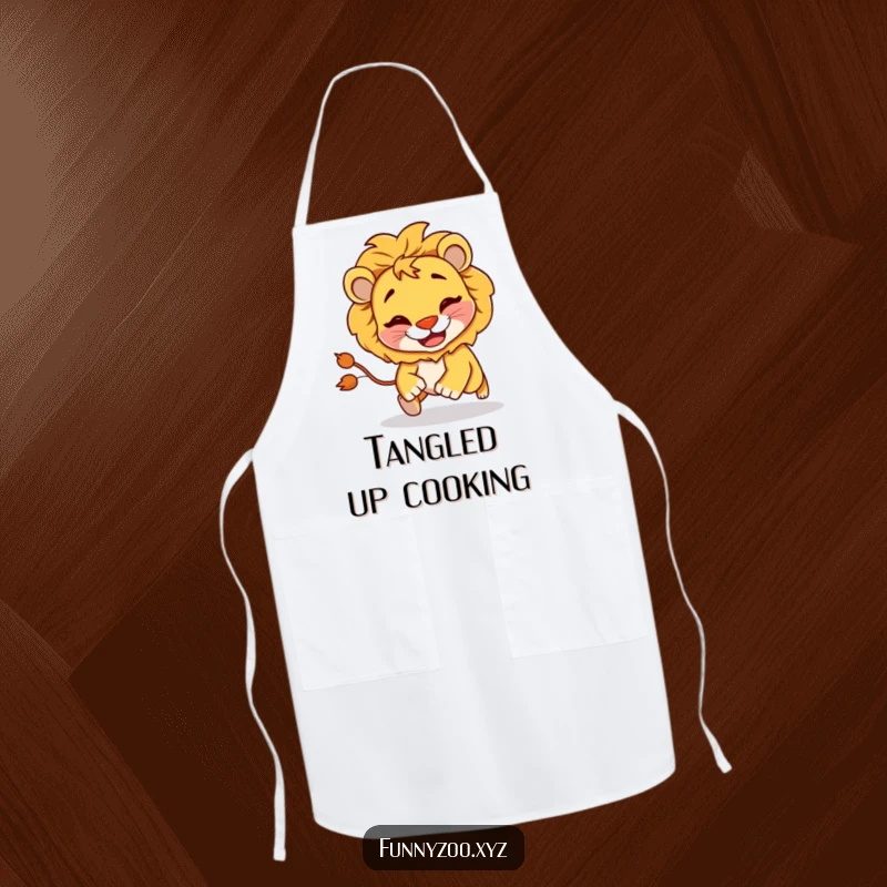 Funny Lion Chasing Tail Apron: A kitchen apron featuring a mischievous lion chasing its tail, adding playful humor to cooking tasks.