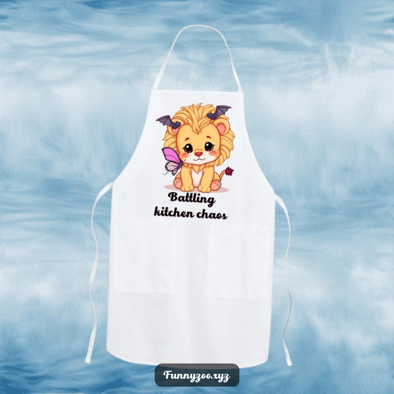 Funny apron featuring a playful lion cub with a fluffy yarn mane, batting at a butterfly, perfect for chefs.