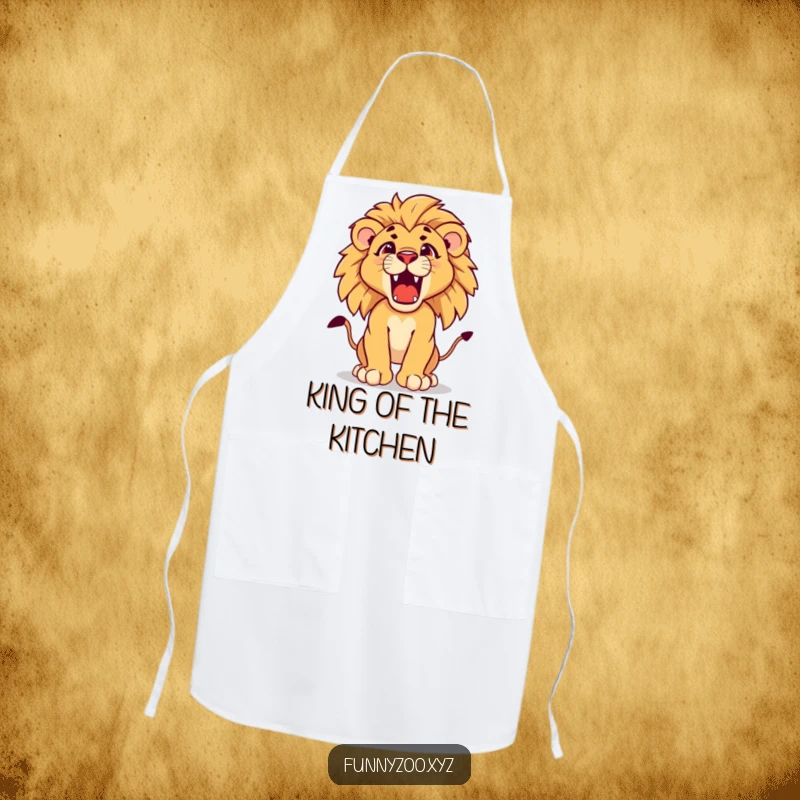 Funny lion cub apron featuring a determined young lion cub cub practicing its majestic roar, designed for kitchen bravery.