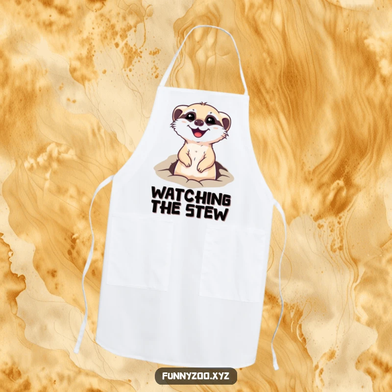 Funny apron showcasing a happy meerkat character peeking out of a hole, ideal for kitchen duties with a side of humor.
