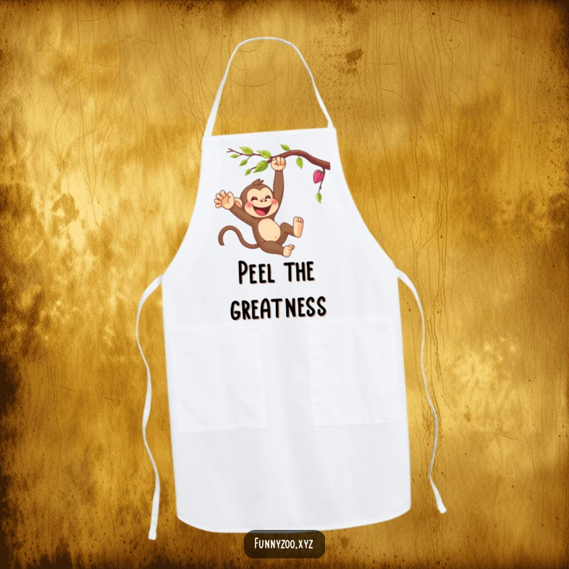 Funny cartoon monkey swinging from a vine, featured prominently on this durable kitchen apron. Great for cooking fun.