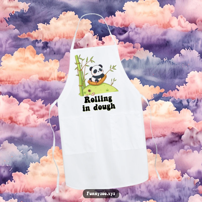 Funny Panda Apron: A panda humorously rolling down a hill inside a giant bamboo stalk.