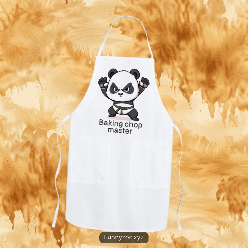 Funny panda apron, determined squint, practicing martial arts while cooking, adding a humorous and focused touch to kitchen duties.