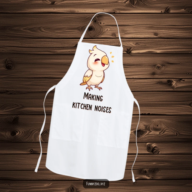 Funny parrot apron with a smiling bird character making a funny sound, ideal for a humorous cook.