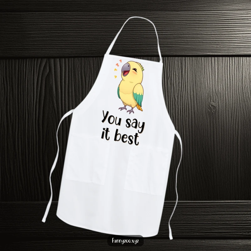 Funny apron design of a parrot hilariously mimicking a sound, bringing comical bird antics to the kitchen prep.