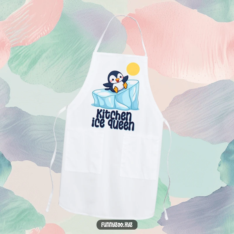 Funny Penguin Chef Apron sliding down a colorful iceberg, perfect for cheerful cooks, a funny gift.