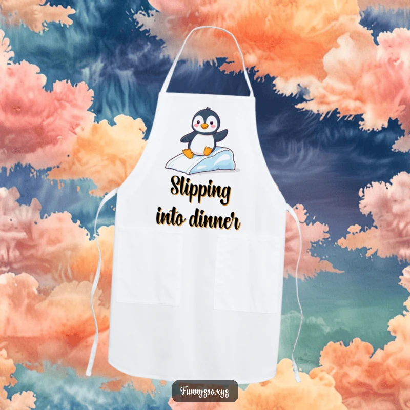 Funny Apron: Playful penguin sliding down an ice slide, a humorous and functional kitchen accessory.