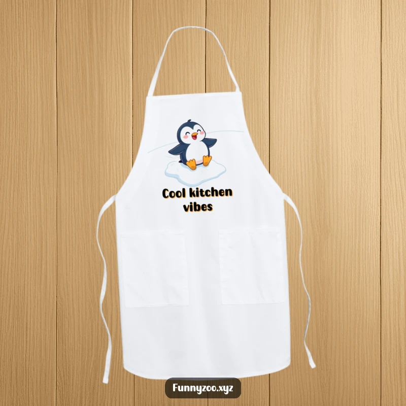 Funny cartoon penguin sliding down an icy slope, featured prominently on this durable kitchen apron. Great for winter cooking.