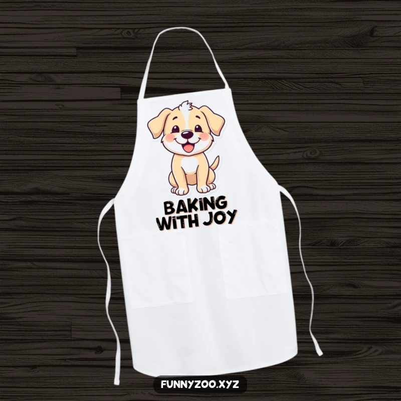 Funny puppy apron, character excitedly wagging its tail while cooking, happy kitchen accessory, great funny gift.