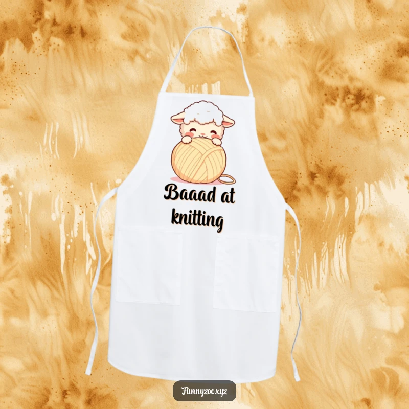 Funny Apron: Fluffy sheep playfully headbutting a giant yarn ball, a humorous and functional kitchen accessory.