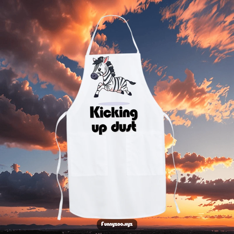 Funny apron showcasing a playful zebra character galloping with legs kicking, ideal for kitchen tasks with a spirited touch.