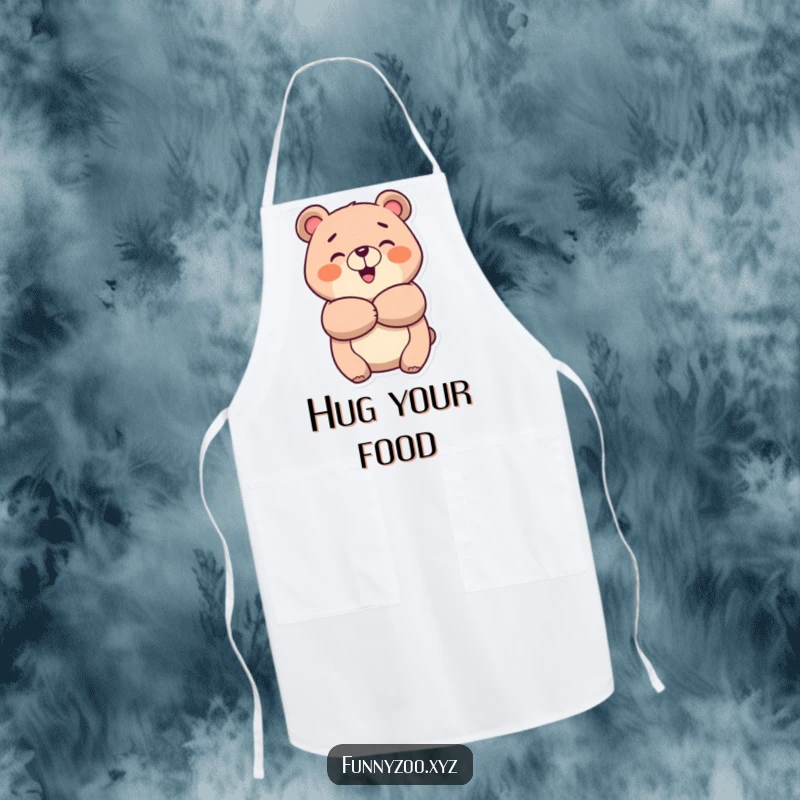 Funny cheerful bear apron, depicting a bear giving a big, happy hug, ideal for a warm and friendly kitchen presence.