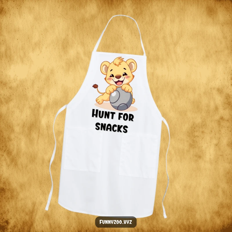 Funny lion cub apron, character playfully pouncing on a rolling ball while cooking, bold kitchen accessory, great funny gift.