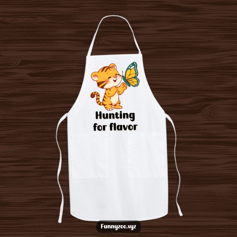 Funny Tiger Apron: A playful tiger batting at a giant butterfly, ready for kitchen fun.