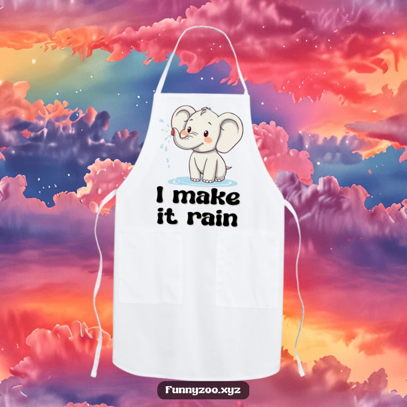 Funny elephant apron showing a happy elephant character spraying water, designed for kitchen fun and a humorous cooking experience.
