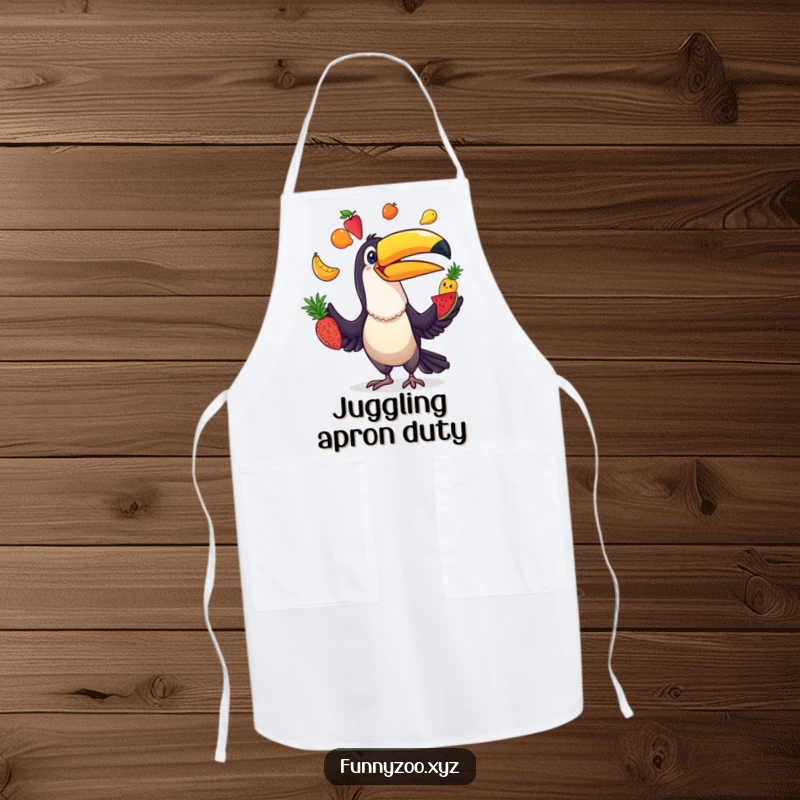 Funny Toucan Juggler Apron: Playful apron showcasing a comical toucan juggling colorful fruits, ready for kitchen adventures.