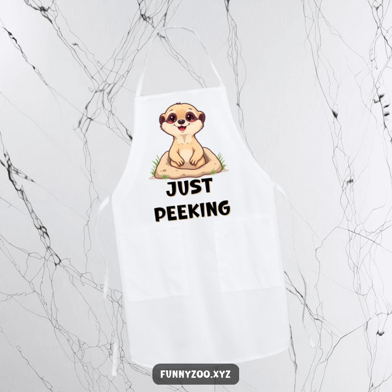 Funny Apron featuring a happy meerkat popping out of its burrow, ready to help in the kitchen with a humorous and charming design.