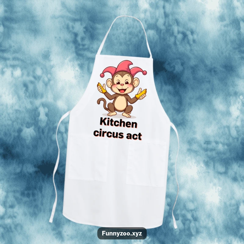 Funny Monkey Juggling Bananas Apron: A comical jester monkey skillfully juggles bananas while wearing an apron, ideal for kitchen humor.