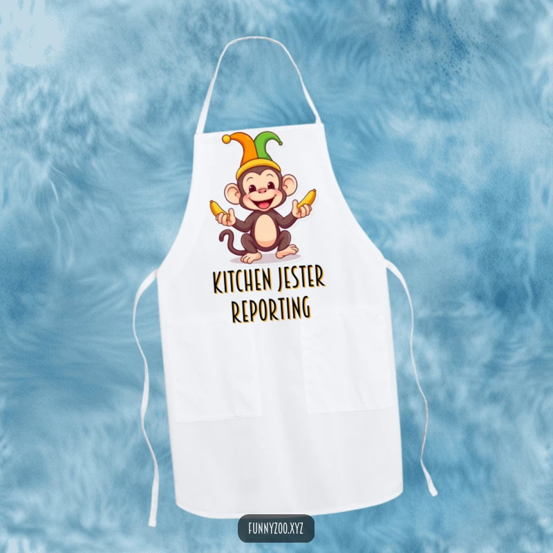 Funny Monkey Jester Apron a comical monkey wearing a jester hat juggles bananas, making this kitchen apron a humorous and protective accessory for chefs.