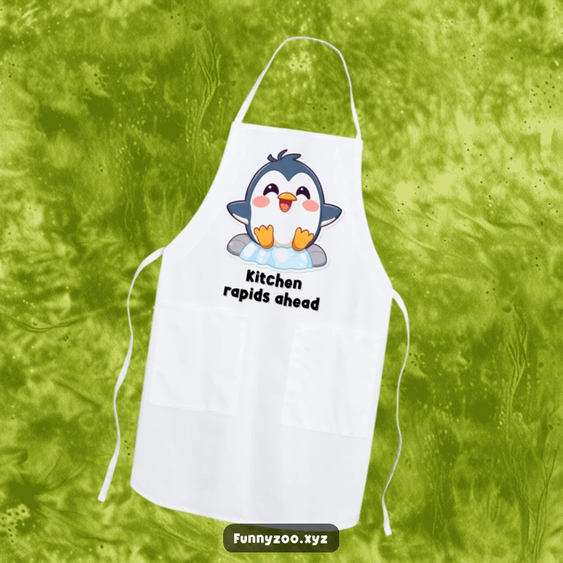 Funny Penguin Waterfall Apron a surprised penguin with slicked feathers laughs while sliding down a waterfall, making this apron a humorous and protective accessory.