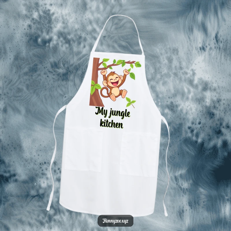 Funny monkey apron with a laughing primate swinging from a vine, perfect for kitchen fun.