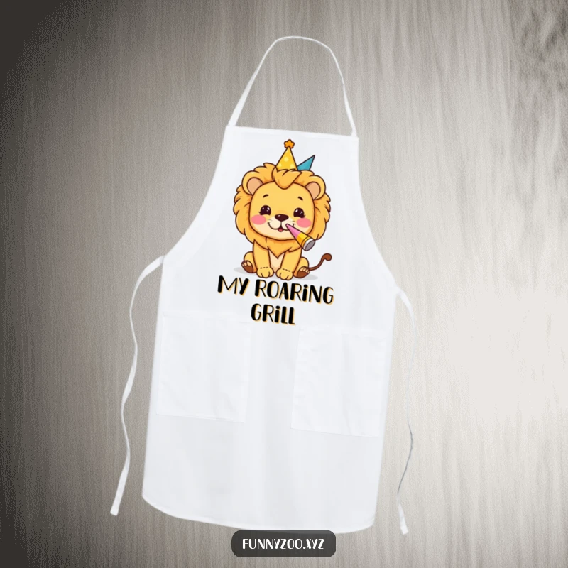 Funny apron featuring a lion character in a party hat blowing a party horn, perfect for festive cooking.