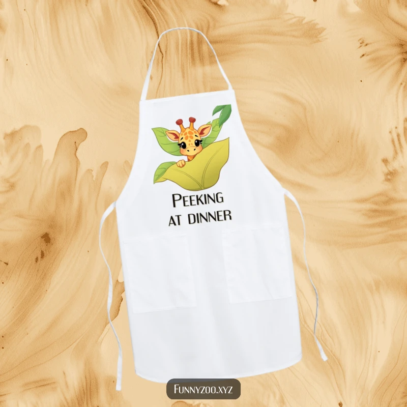 Funny giraffe apron featuring a happy character peeking over a jungle leaf, making cooking tasks enjoyable and humorous.