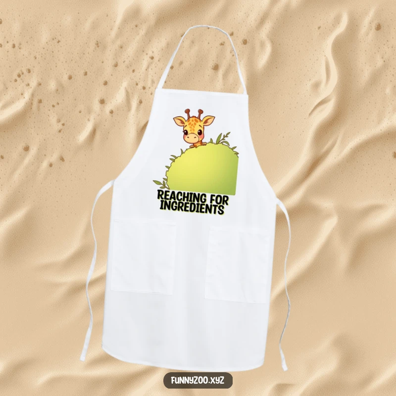 Funny cartoon giraffe peeking over a bush, a humorous and practical apron for kitchen fun.
