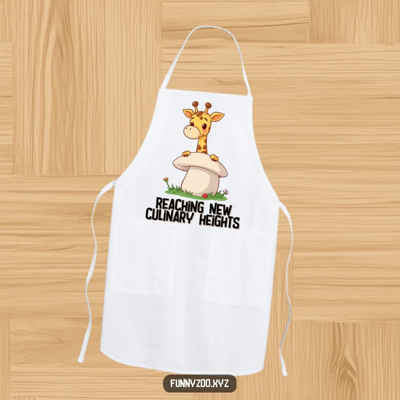 Funny Giraffe Mushroom Apron a cheerful giraffe with its long neck peeks over a giant mushroom, making this apron a humorous and protective accessory.
