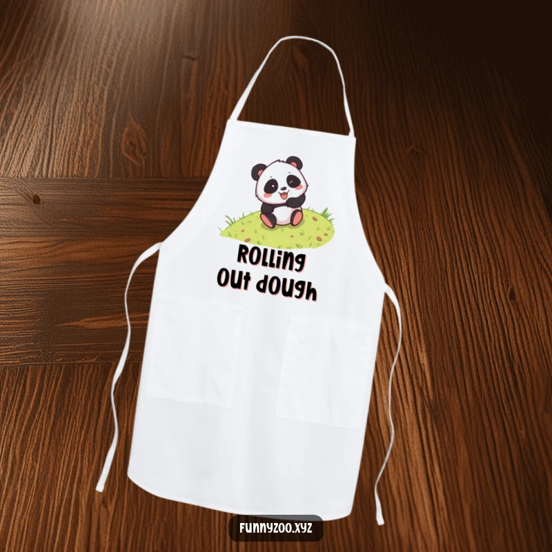 Funny apron showcasing a mischievous panda character rolling down a grassy hill, perfect for kitchen fun and protecting clothes with humor.