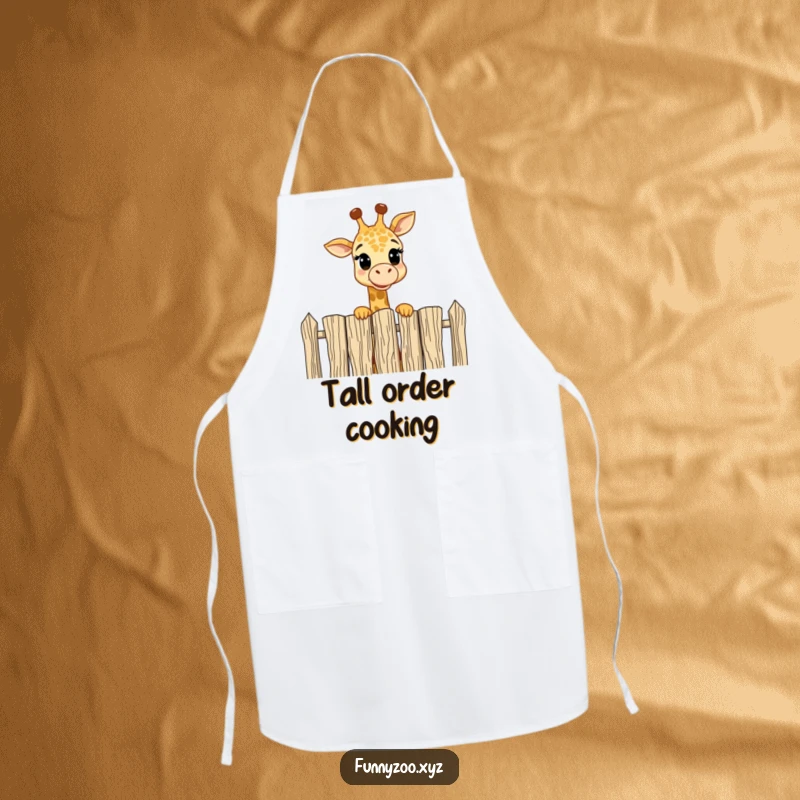 Funny Apron: Cheerful giraffe peeking over a tall fence with amusement, a humorous and functional kitchen accessory.