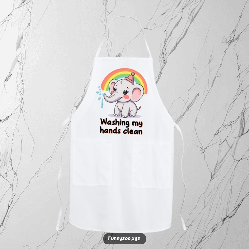 Funny Apron: Kitchen wear featuring a cheerful elephant wearing a hat, spraying a beautiful rainbow from its trunk.